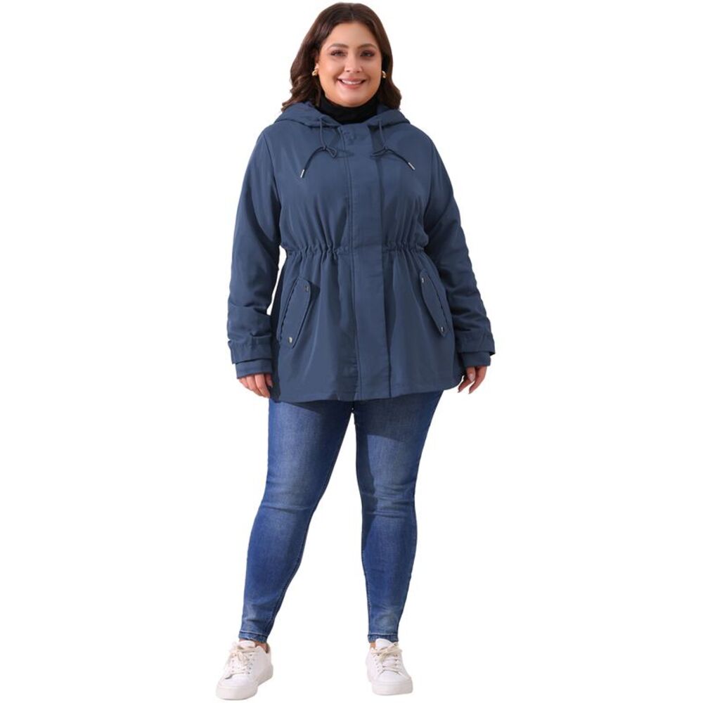 Plus Size Rain Waterproof Fleece Lined Hooded Windbreaker Coat Navy Blue - Picture 3 of 6
